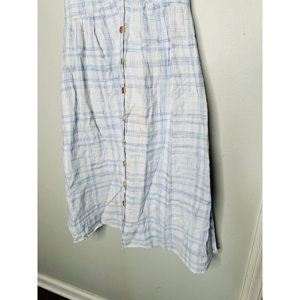 LOVE WHIT Blue Plaid Checkered Tie Front Cotton V-Neck Midi Dress Size Medium - Picture 6 of 14